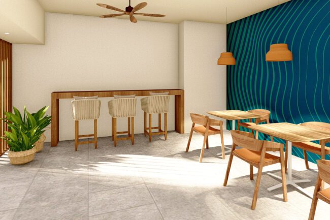 the cowork's first floor features an open floor plan with several small tables, for a more informal, casual, and collaborative workspace